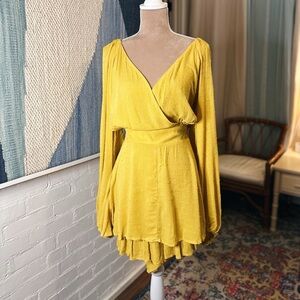 NWT Fashion Nova Mustard Swiss Dot Flowy Long Sleeve Romper